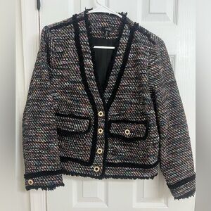AQUA Multicolor Cropped Tweed Blazer Grey Pink Black Gold Buttons Size L